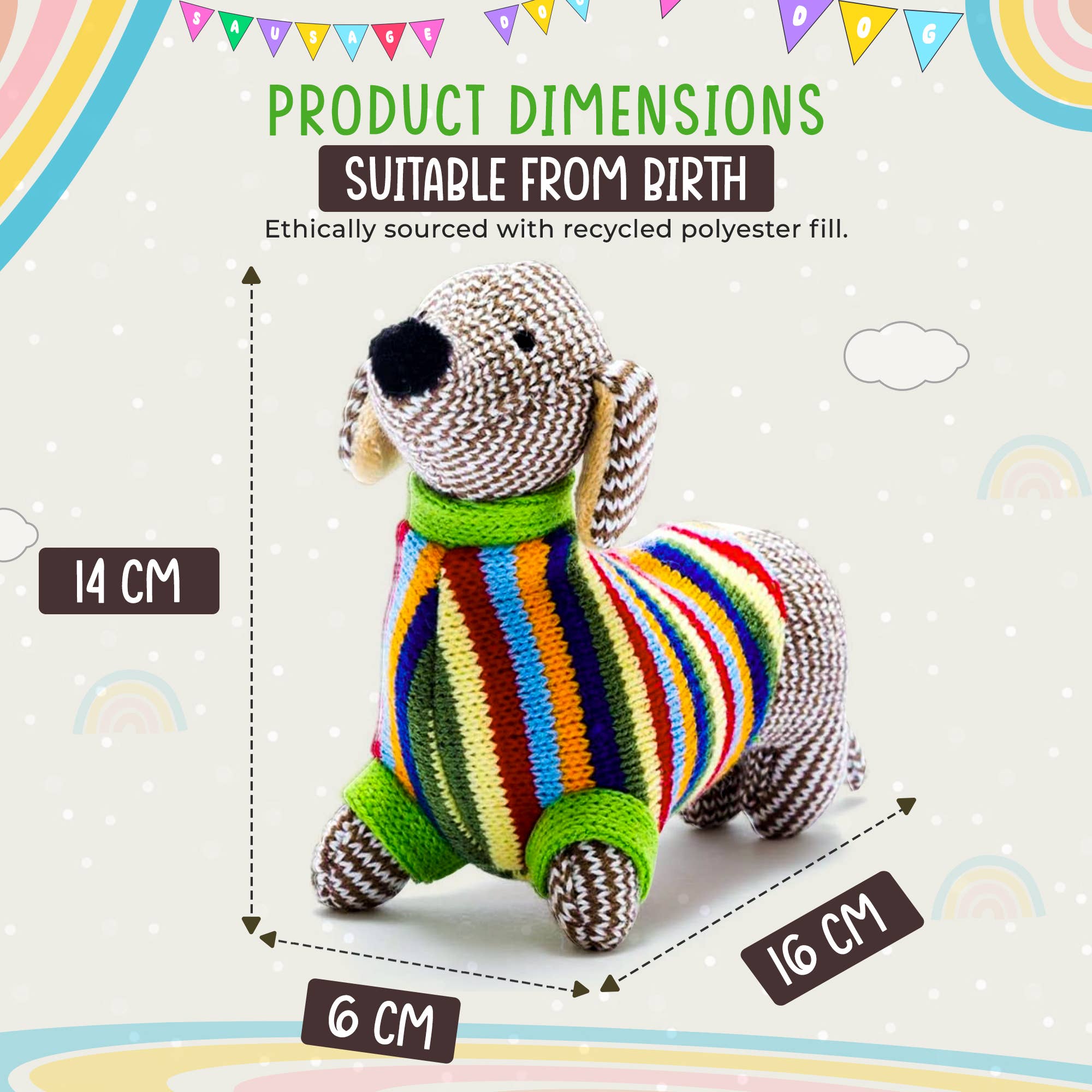 Best Years Ltd Knitted Sausage Dog Baby Rattle, Rainbow Stripe Jumper