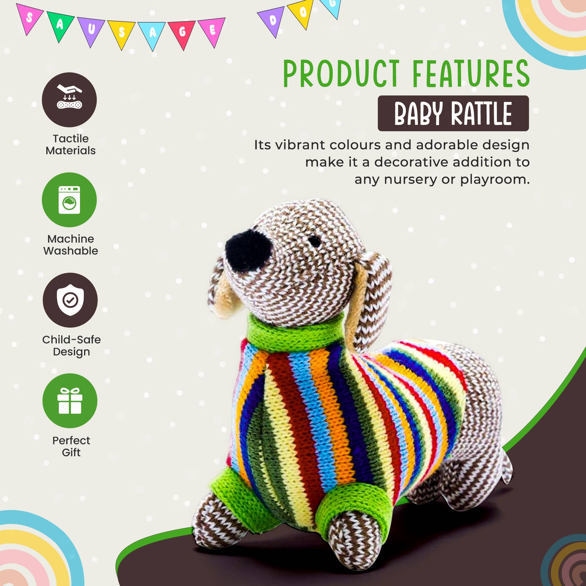 Best Years Ltd Knitted Sausage Dog Baby Rattle, Rainbow Stripe Jumper