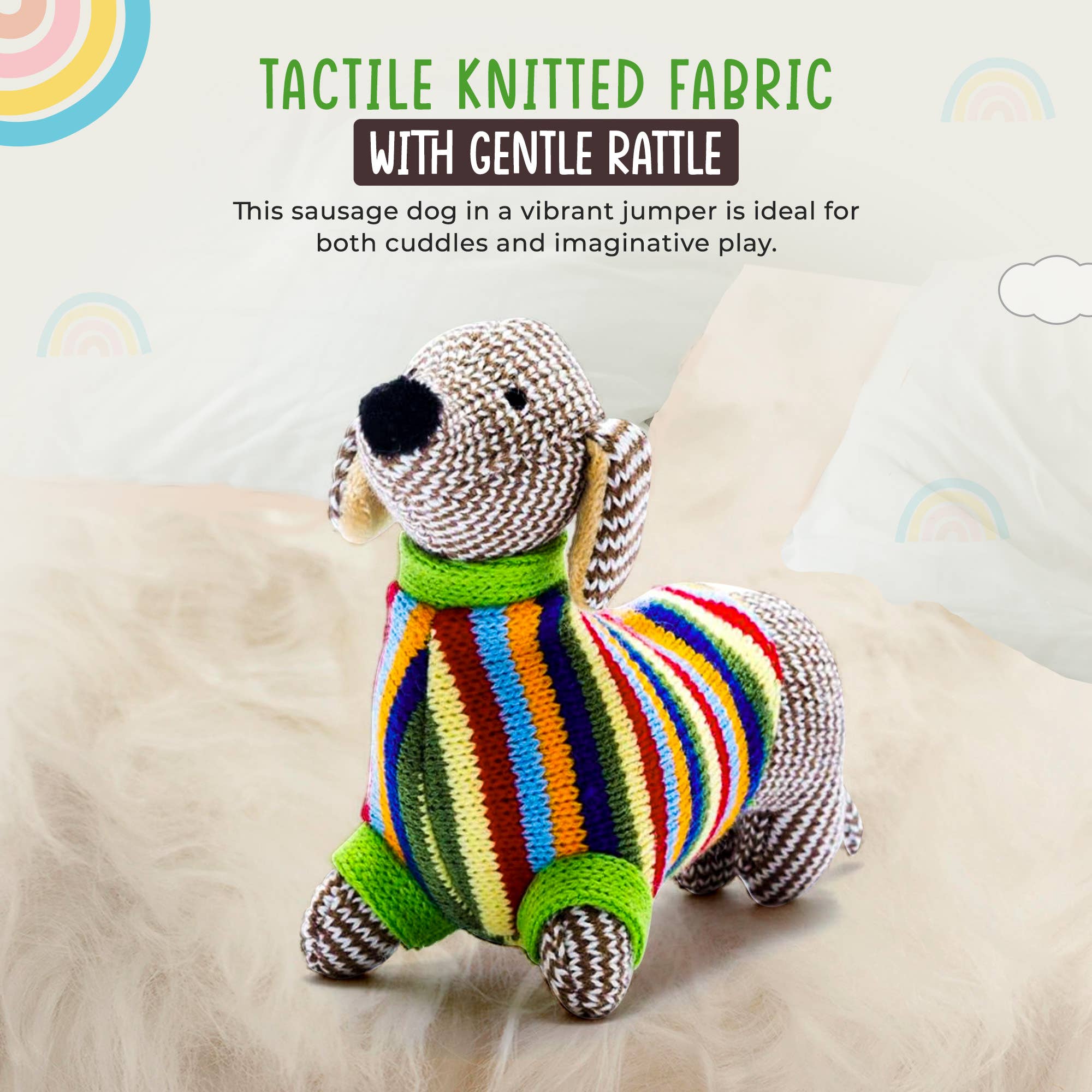Best Years Ltd Knitted Sausage Dog Baby Rattle, Rainbow Stripe Jumper